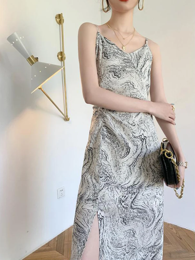 

Sister Fara New Summer 2021 Print Camisole Dress Women Sexy Split Mid-Calf Dresses Female Elegant Straight Spaghetti Strap Dress