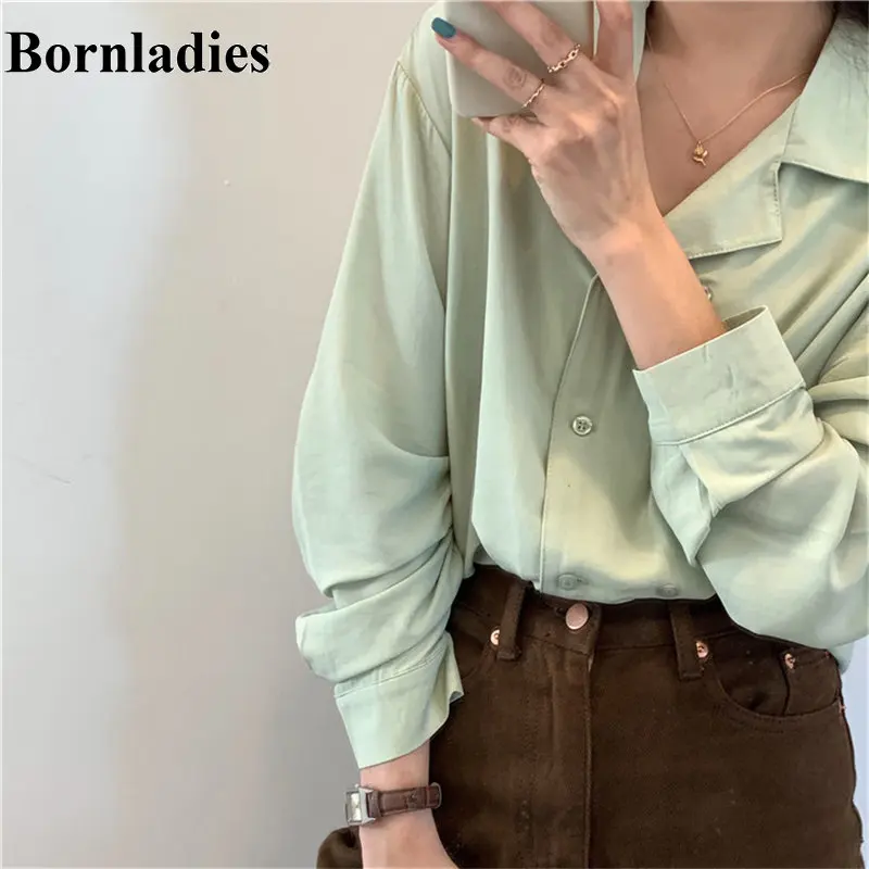 Женская однотонная Свободная рубашка Bornladies повседневная облегающая Однотонная