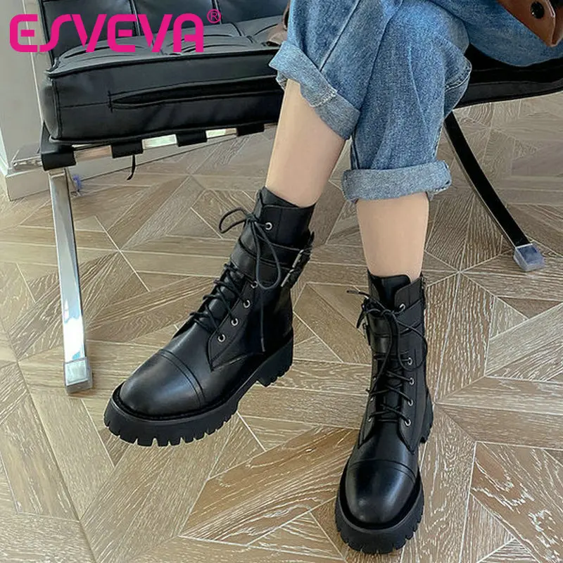 

ESVEVA/2021 из коровьей кожи на молнии модные сапоги до середины икры женские сапоги сезона осень-зима, круглый носок женская обувь на среднем ка...