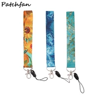 ad823 patchfan trendy keychain starry sky sunflower printed wristlet key holder lanyard rings charms pendant diy accessory