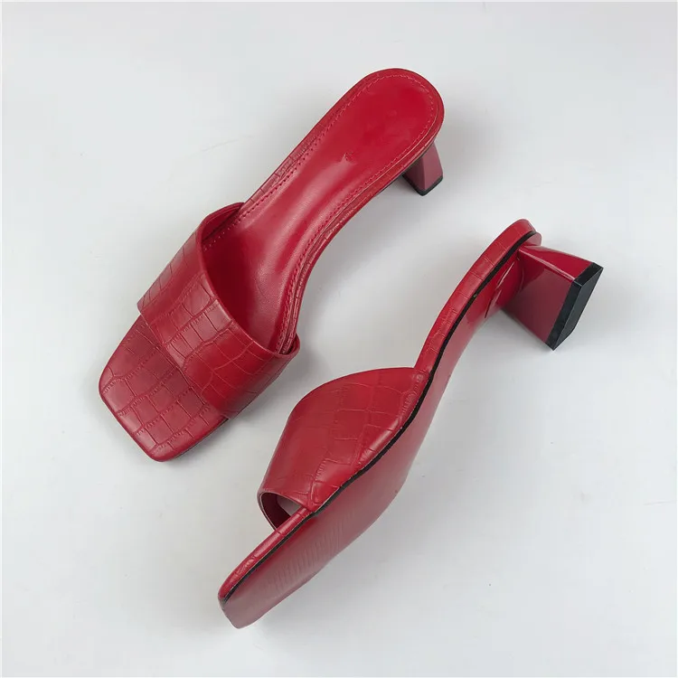 

Shoes Women Slippers Summer Beige Heeled Sandals Square Toe Slides Big Size Fashion Pantofle Soft Black Luxury 2021 High Block