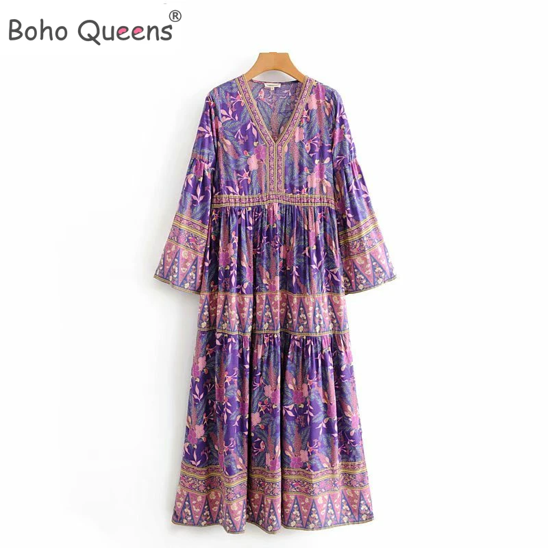 Boho королев для женщин фиолетовый цветочный принт с v образным вырезом из