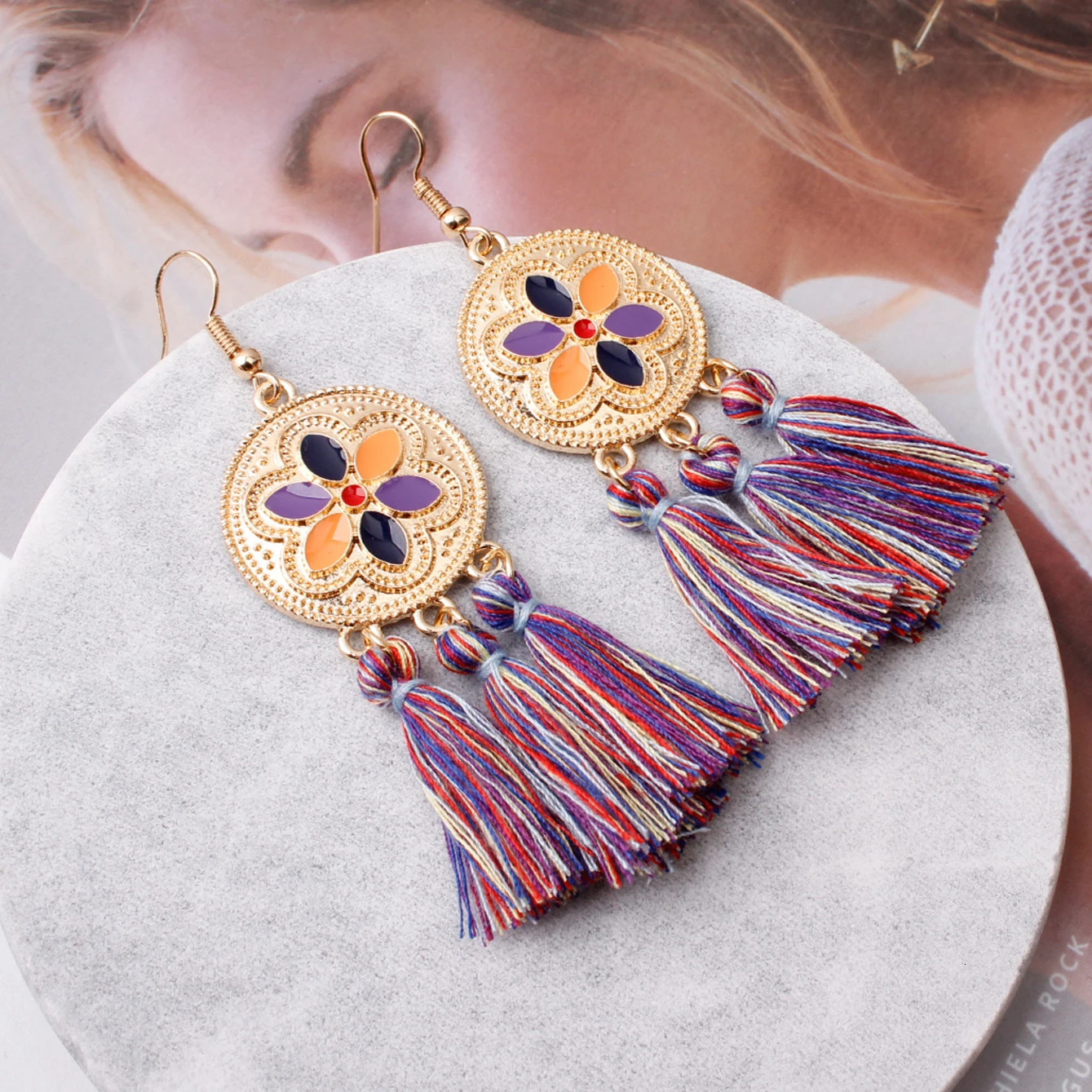 Женские винтажные серьги подвески Boho этнические круглые висячие с бахромой