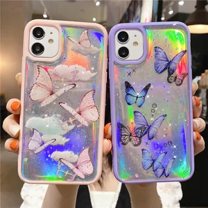 gorgeous cute laser card butterfly phone case for iphone 13 12 11 pro max xs max xr 7 8plus pink purple glitter soft clear cover free global shipping