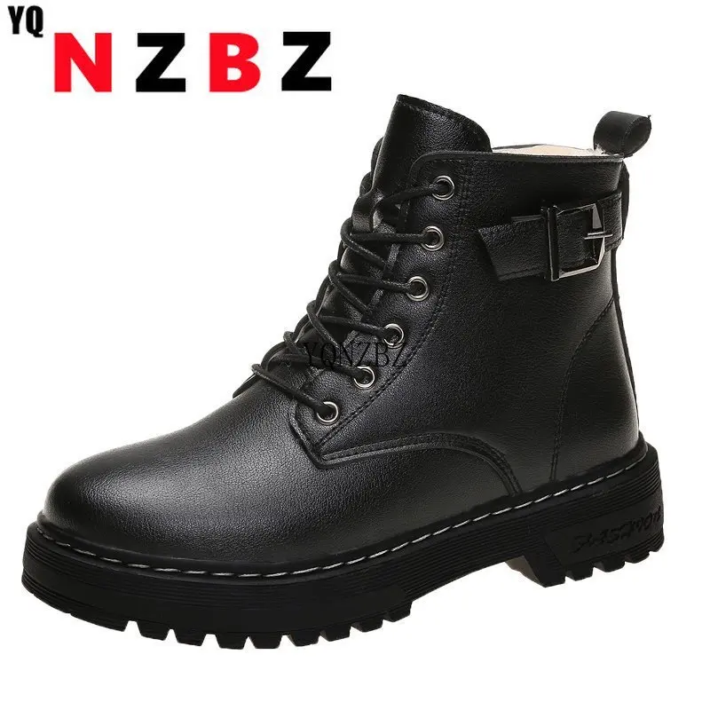 

Women Autumn Ankle Boots 2022 Winter New Platform Plus Velvet Warm Flat Casual Martin Booties Female Black Short Leather Boots
