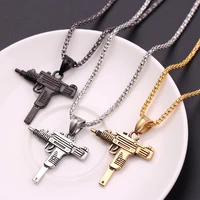 cool gothic hip hop uzi kolye gun shape pendant necklace gold black silver color army style male chain men necklaces jewelry