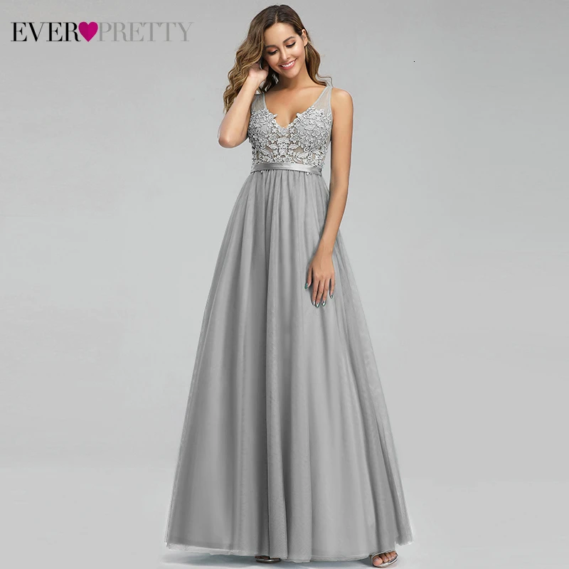 Grey Ever Pretty Dusty Blue Вечерние платья трапециевидной формы с v-образным вырезом и аппликацией, Сексуальные вечерние платья с открытой спиной, элегантные платья для вечеринки, Robe De Soiree - Цвет: Grey