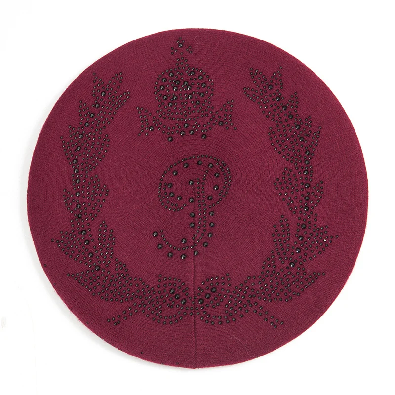234B3 Wine Red Ladybro, двухслойная, стразы, шерстяная шапка, женская, осень, зима, шапка, теплый берет, женская вязаная шапка, кепка boina, женский берет, шапка - Цвет: 234B3 Wine Red