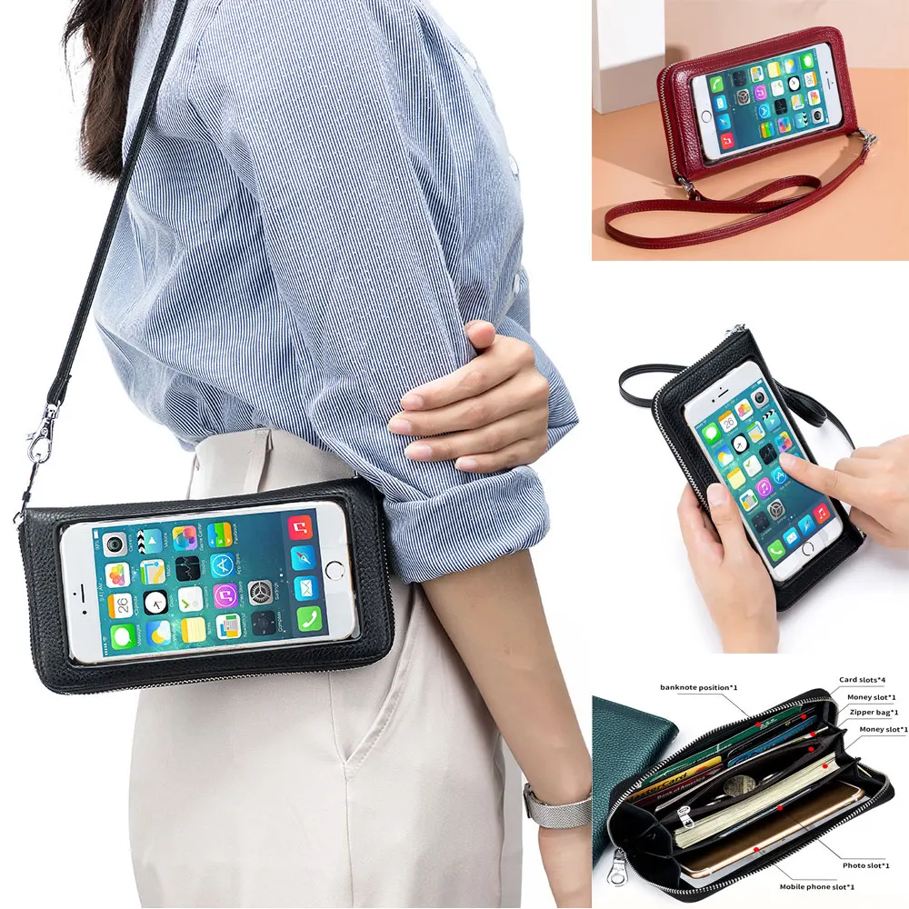 

Genuine Leather Ladies Shoulder Bag for IPhone Designer Pebbled Crossbody Bag with Zip Coin Purse Touch Screen Long RFID Wallet