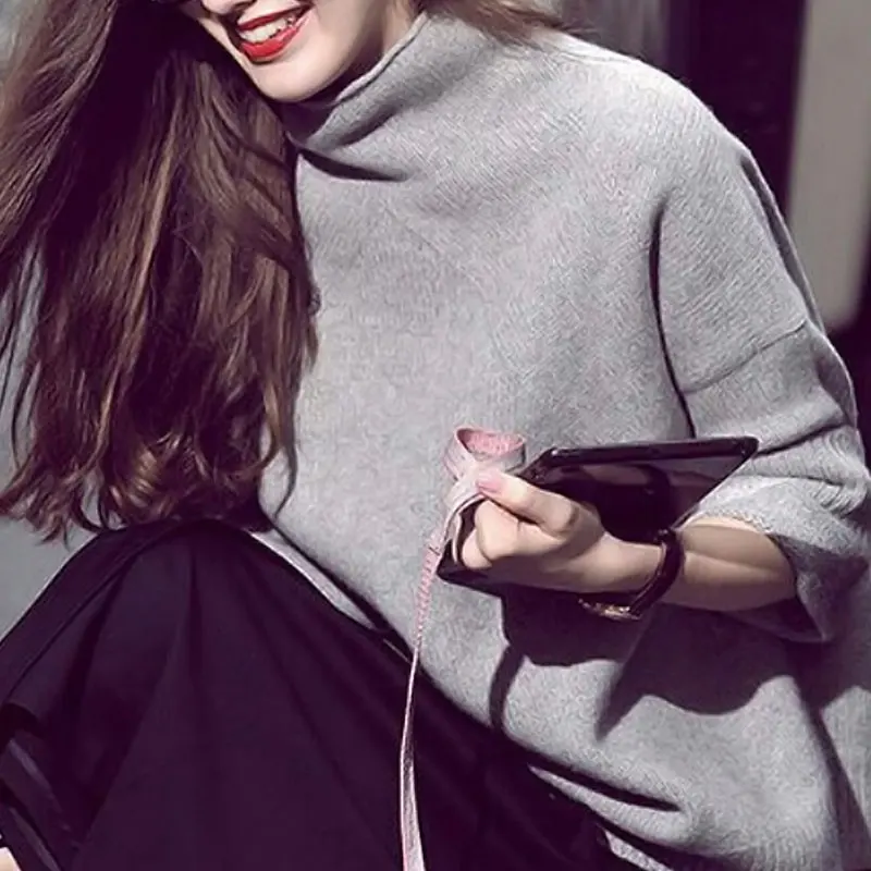 

2020 Loose Batwing Sleeve Knitted Cashmere Sweater Women Autumn Winter Half Turtleneck Warm Sweaters Female Soft Base Pullovers