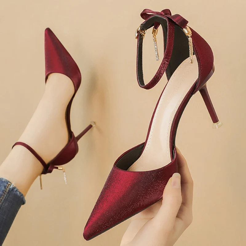 2020 размер 34-39 женская обувь на высоком каблуке 8 см с острым носком красного вина