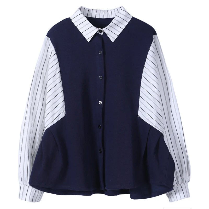 

IEQJ 2021 Spring Autumn New Bat Sleeve Turn-down Collar Splicing Single-breasted Long Sleeve Casual Fashion Shirt 3AC434
