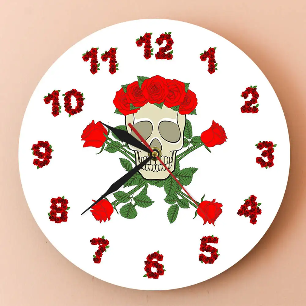 Sweet Skull With Rose Wreath Decorative Wall Clock Skeleton Modern Printed Acrylic Watch Room Decoration For Fever | Дом и сад