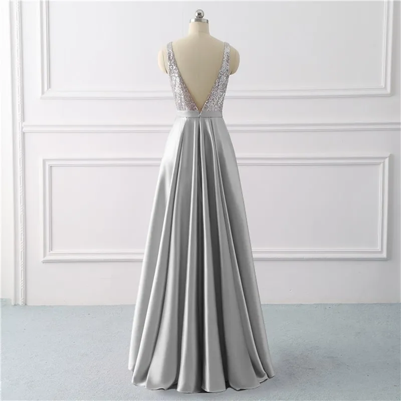 Женское вечернее платье с блестками ТРАПЕЦИЕВИДНОЕ серое V образным вырезом