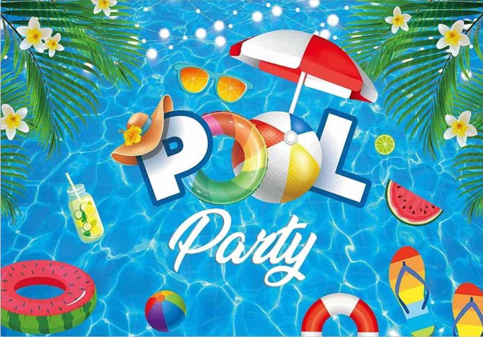 Pool Party Backdrop Summer Swimming Balls Lifebuoy Water Wave Ripple Hawaiian Background Kids Boy Girl Birthday Decor Banner enlarge