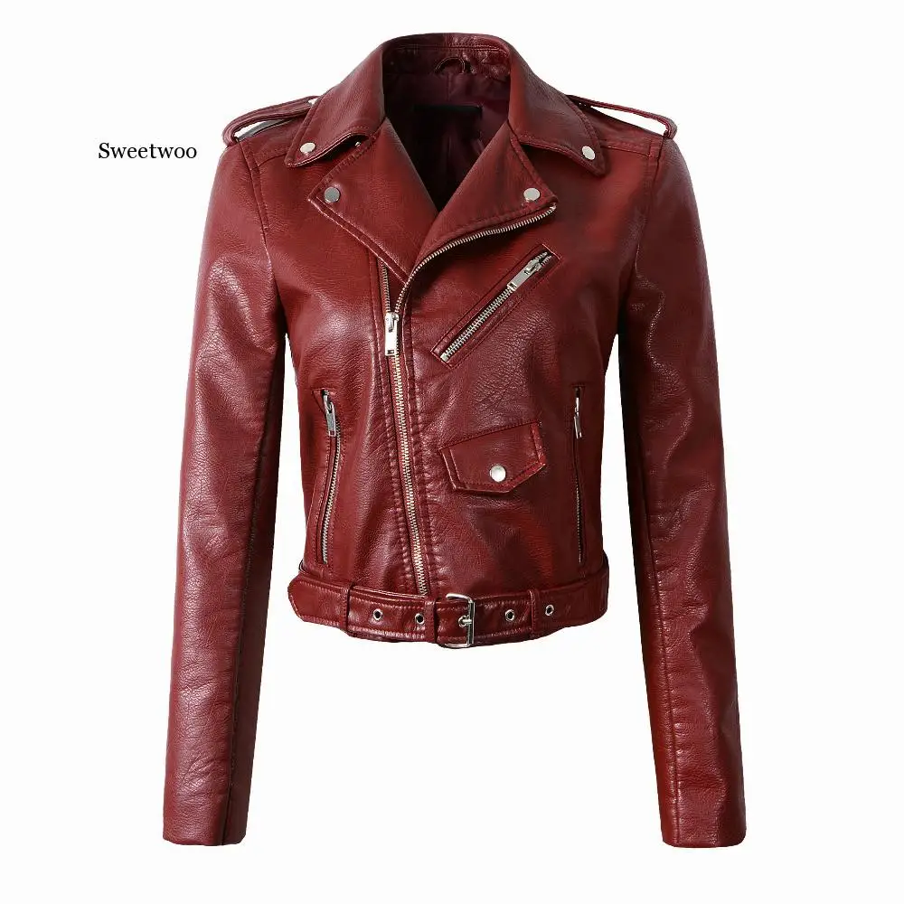 Zipper PU Leather Jacket Short Motorcycle Jackets With Belt Classic Basic Spring Women Faux Leather Outwear