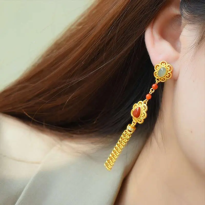 

Natural Hetian Jasper long Tassel Earrings Chinese retro palace style unique ancient gold craft silver jewelry