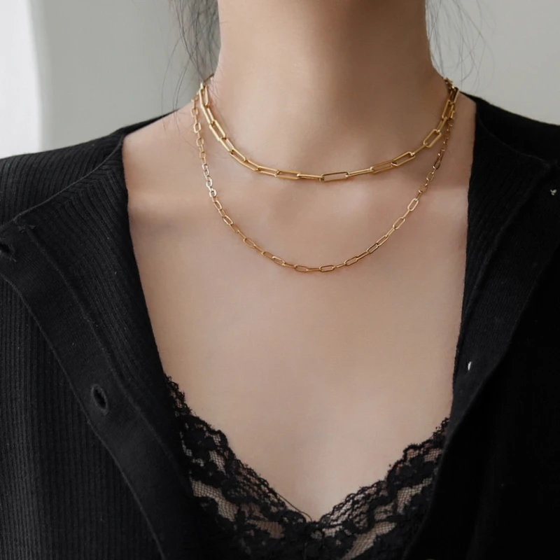

YUN RUO European Yellow Gold Necklace Choker Chain Woman Jewelry Fashion Titanium Steel Accessories Never Fade Hypoallergenic