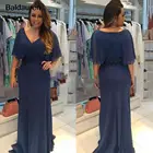 Темно-синие платья для матери невесты, трапециевидные шифоновые платья с V-образным вырезом и аппликацией, украшенные бисером, для свадьбы