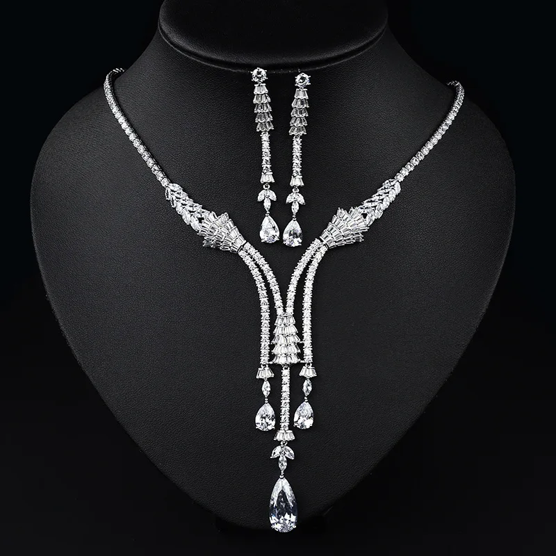 Новейшая мода Искрящийся Блестящий кубический циркон белое ожерелье серьги