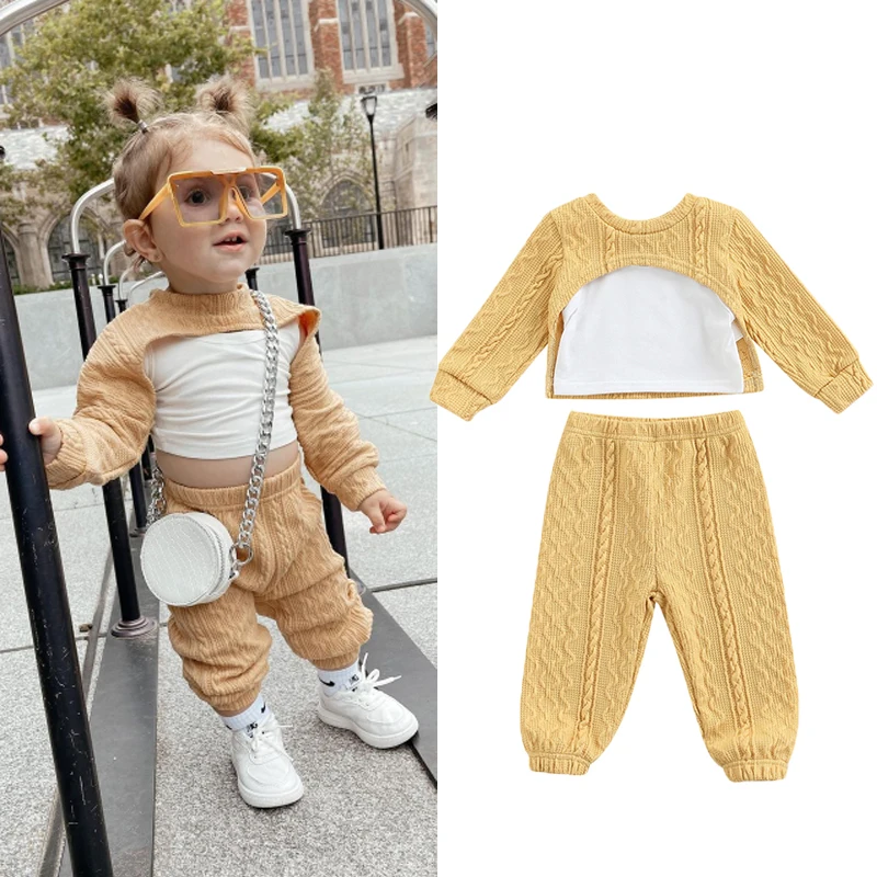 

Женский Осенний повседневный комплект одежды для девочек, однотонный трикотажный короткий топ с длинным рукавом + жилет без рукавов + брюки ...