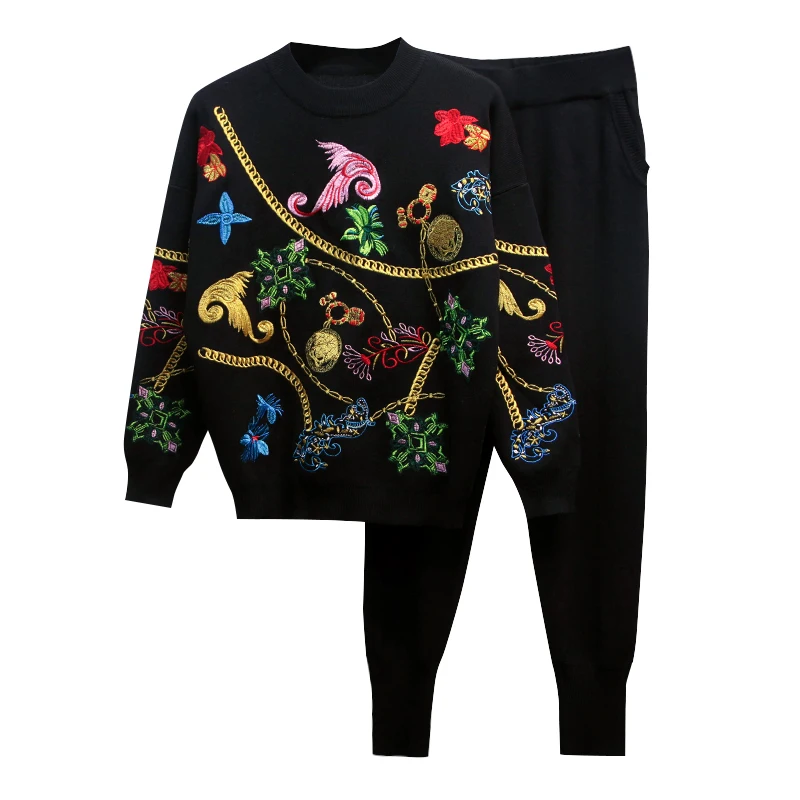 Женский костюм с вышивкой стильный подиумный комплект из Свитера и брюк 2020 |