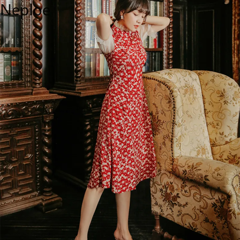 Непло цветочный принт женское платье Лето 2019 Ретро стоячий воротник короткий