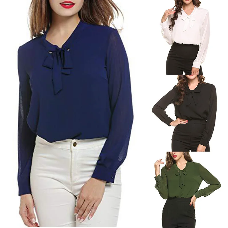 

Women Chiffon Bow Blouse Slim Shirt Elegant Office Ladies Long Sleeve Fashion Colthes