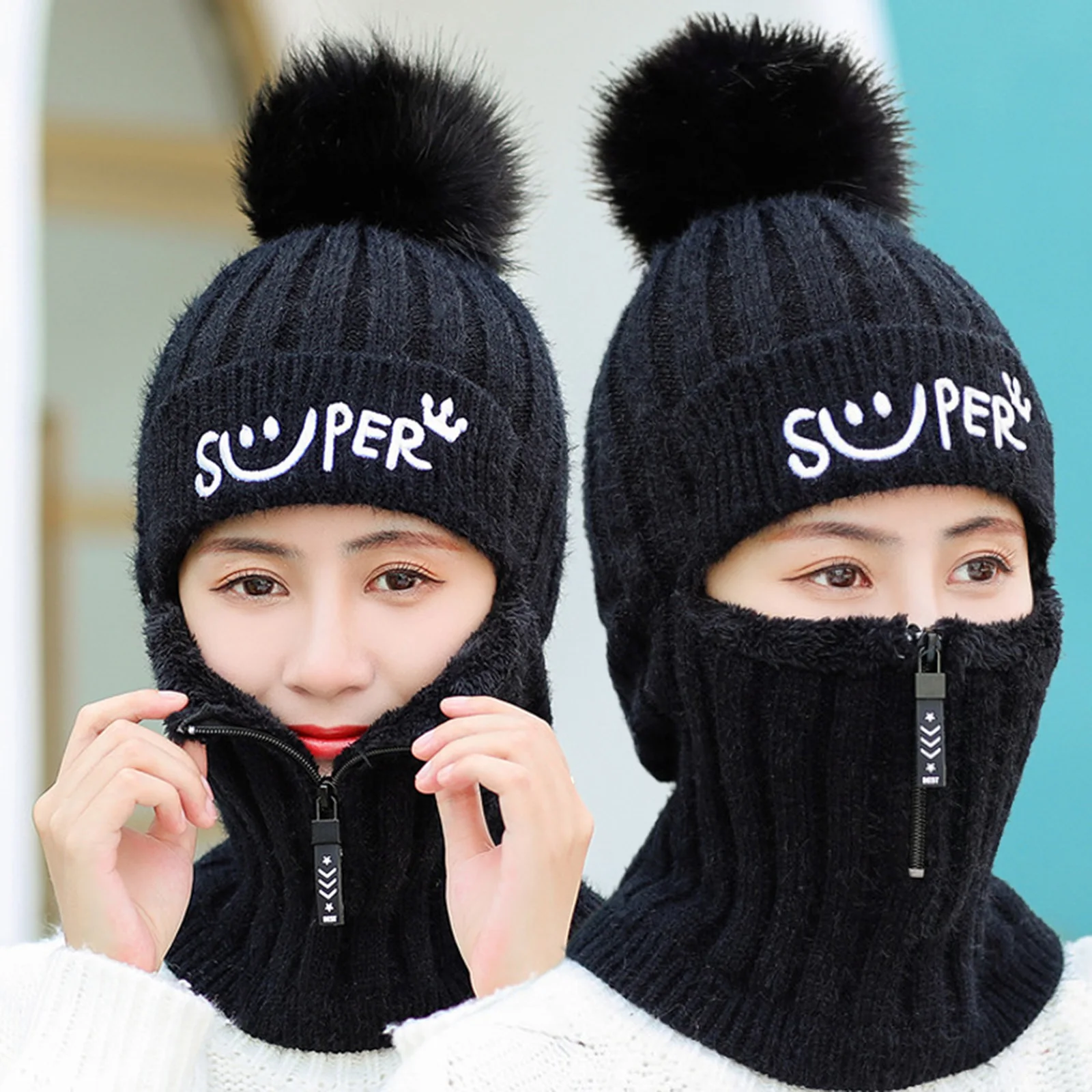 

Newly Wool Ball Plus Thick Knitted Hat Full Head Ear Neck Protection Warm Hat S66