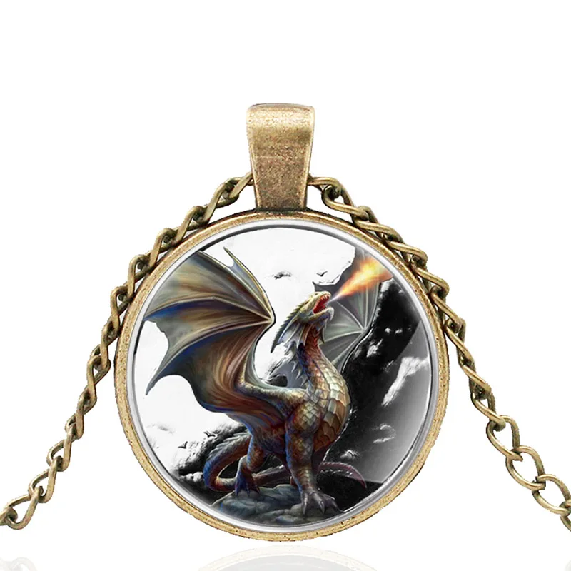 Классический дизайн Spitfire Dragon Черная Стеклянная купольная бронза кулон ожерелье