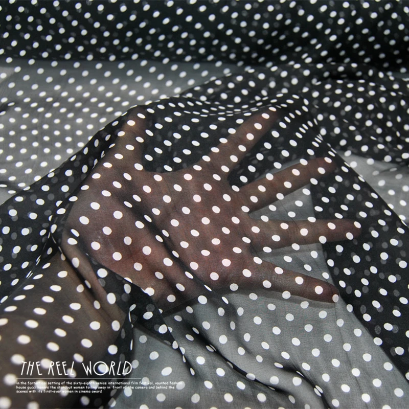 

Silk Chiffon Fabric Dress Large Wide Black and White Polka Dot Real 100% clothing Cloth DIY Sewing Tissue