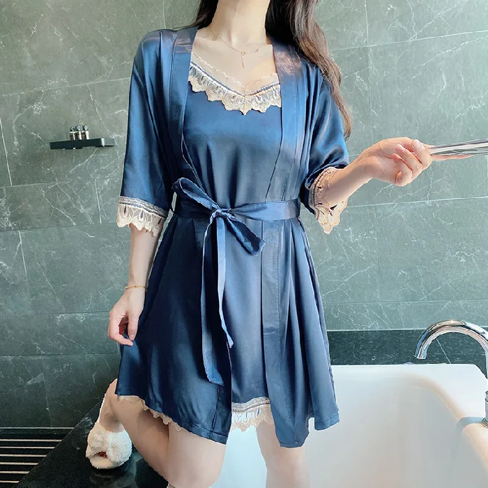 Korean Version Lace Silk Five Piece Set of Women's Sexy Pajamas with Sling, Nightdress, Nightgown Household Clothes Sleepwear
