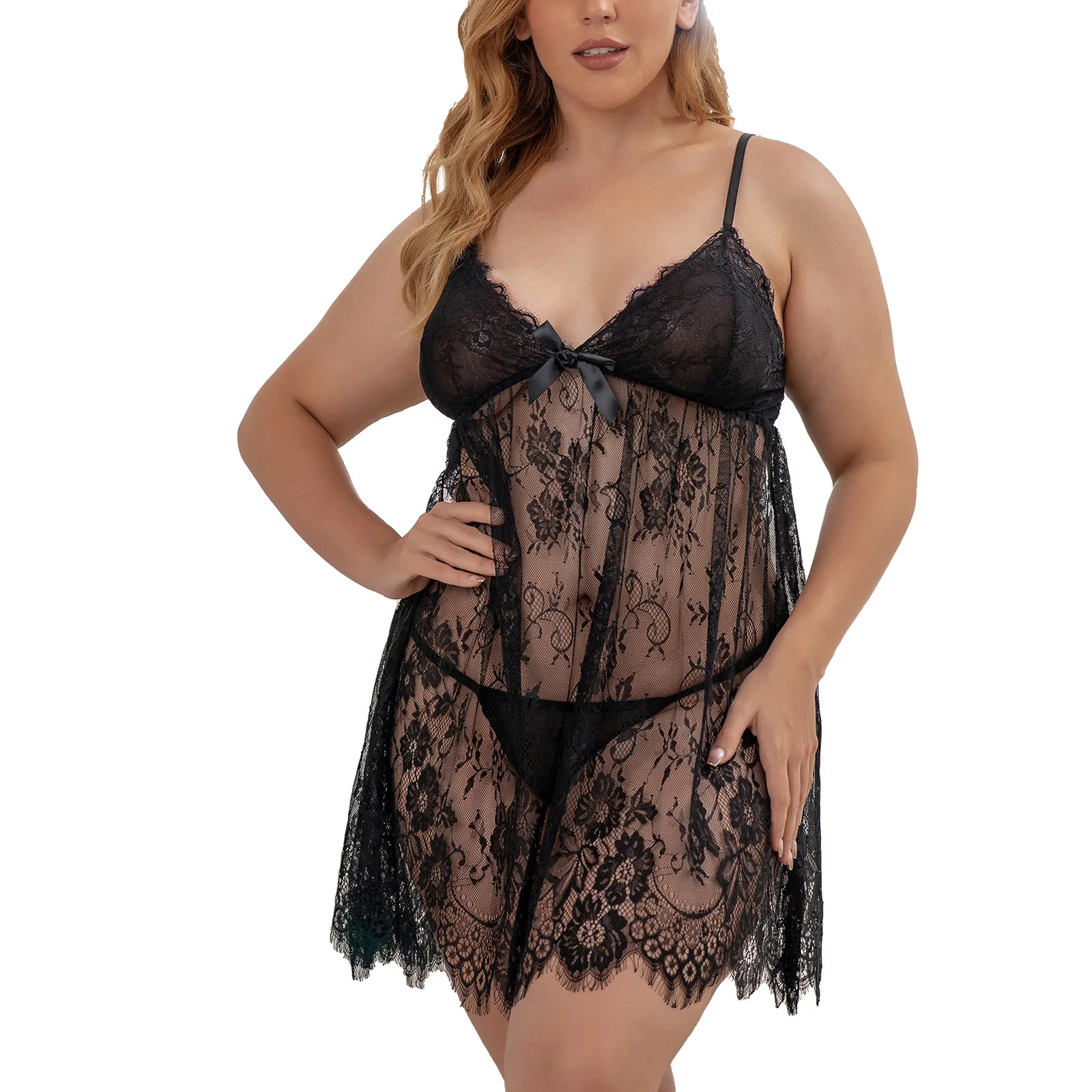 

Women Sleepwear Sexy Lace See-through Pajamas Plus Size Underwear Nightwear Lingerie Dress+G-string Pijama Mujer Encaje