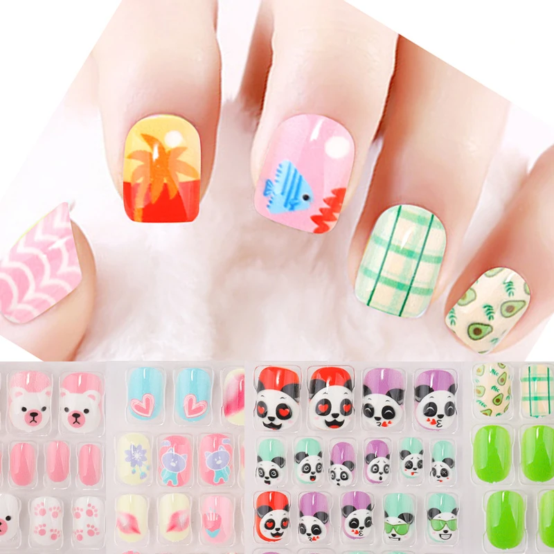 

24pcs/Set Cartoon Cute Fake Nails Children'S Nails Wear Nails Printed Finished Nails Free Get Jelly Stickers