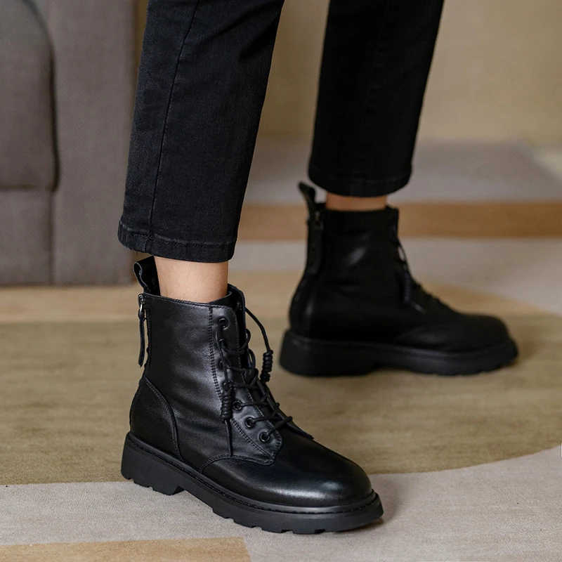 

CONASCO 2021 Autumn Winter Casual Ankle Boots For Women New Cross-Tied Shoes Woman Genuine Leather Low Heels Back Zipper Boots
