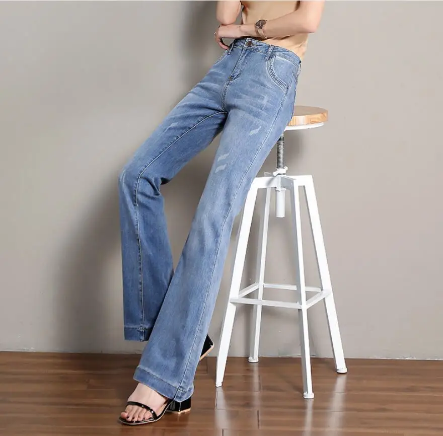 

High Waist Stretch Flare Jeans Women Casual Style Bell Bottom Slim Jeans Female Blue Ripped Denim Pants s273
