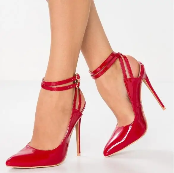 

Moraima Snc Red Patent Leather Closed Toe Ankle Strap Heels Slingback Pumps Woman Sexy Party Dress Shoes Wedding Heels
