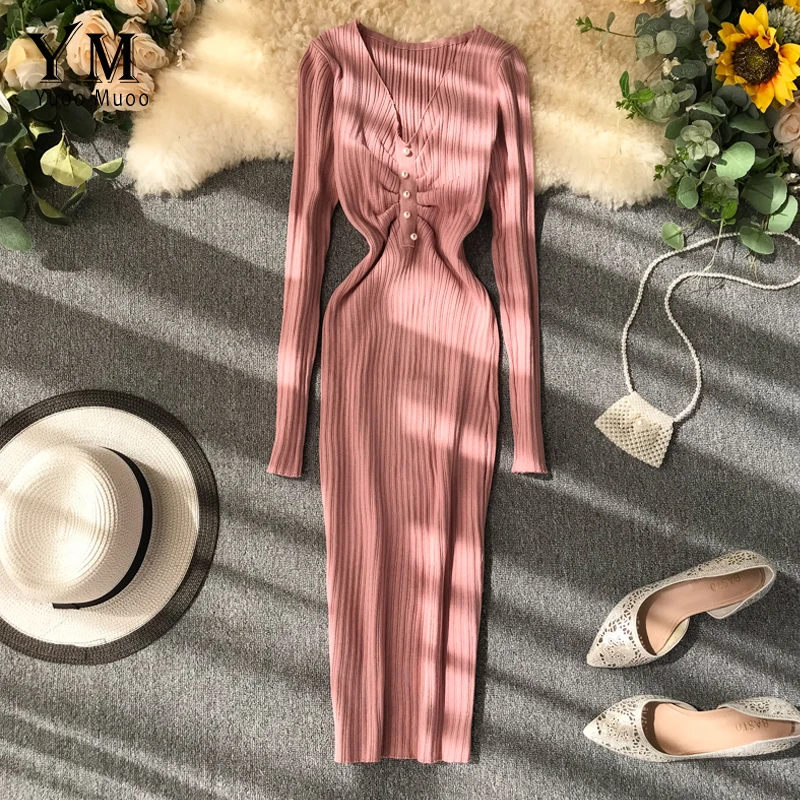 YuooMuoo 2019 осень Ruched V шеи элегантное женское офисное платье пуговицы вязаный свитер