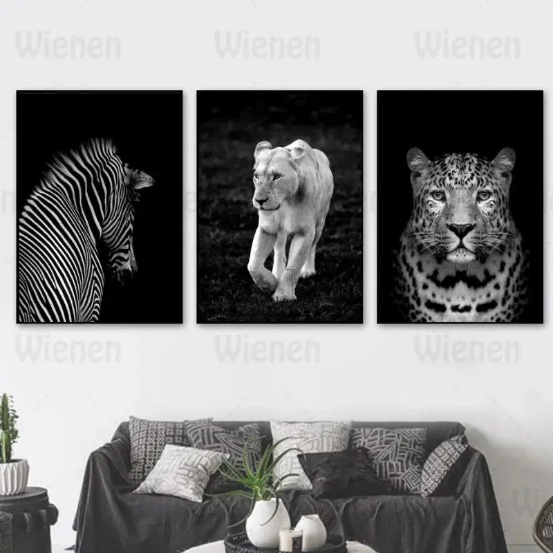 

Black White Animals Decorative Posters Zebra Lion Leopard Canvas Painting Wall Art Living Room Mural Home Decor Interior Decor
