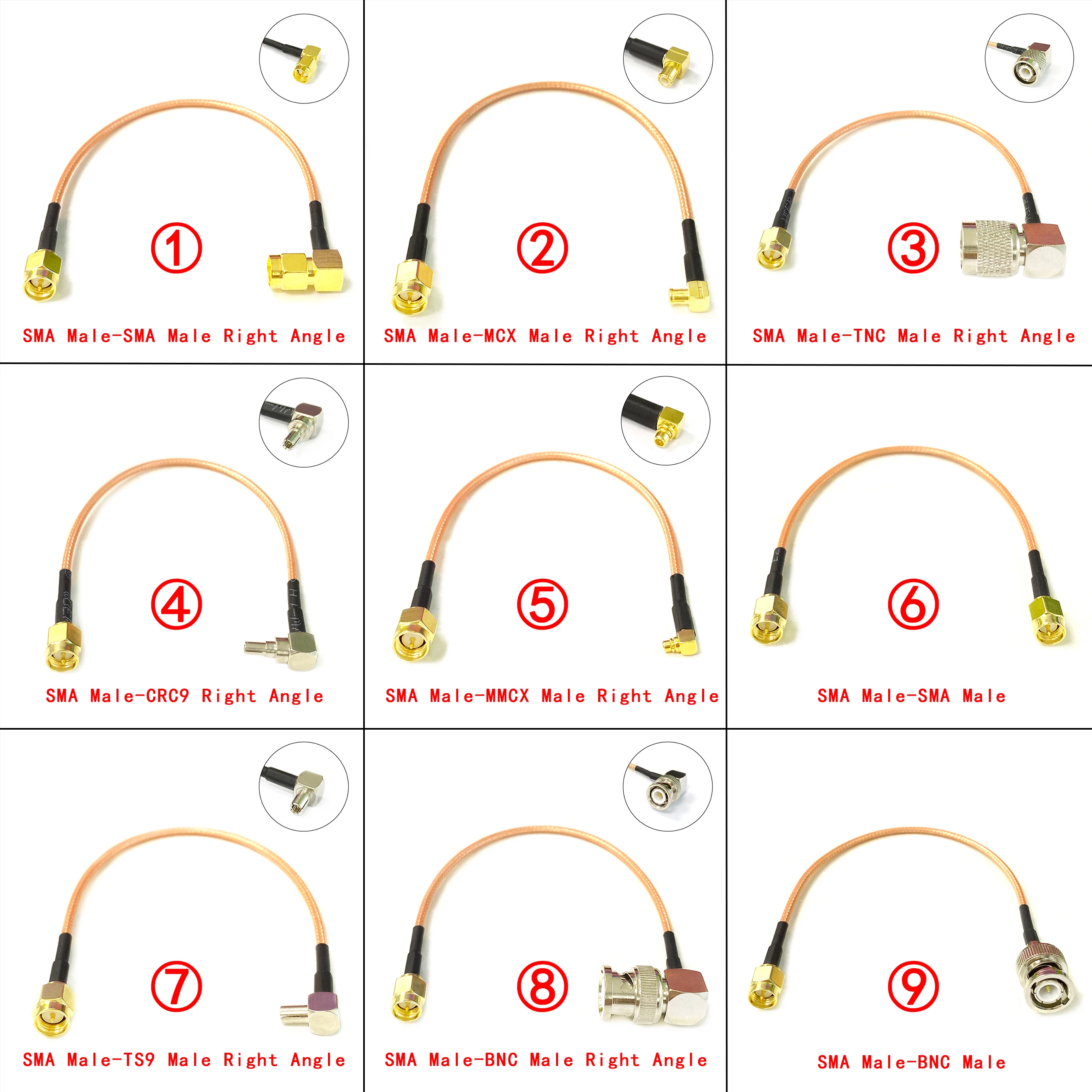 

1pc SMA Male to SMA/MCX/TNC/CRC9/MMCX/TS9/BNC Male Pigtail Straight/Right Angle Cable Adapter RG316 15/20/30cm New Wholesale