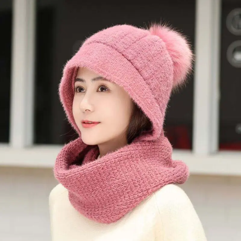 Зимние шерстяные вязанные шарф и шапка набор бини женский шарф Skullies Beanies шапки для женщин шапка s Gorras Bonnet маска цельная шапка - Цвет: Розовый
