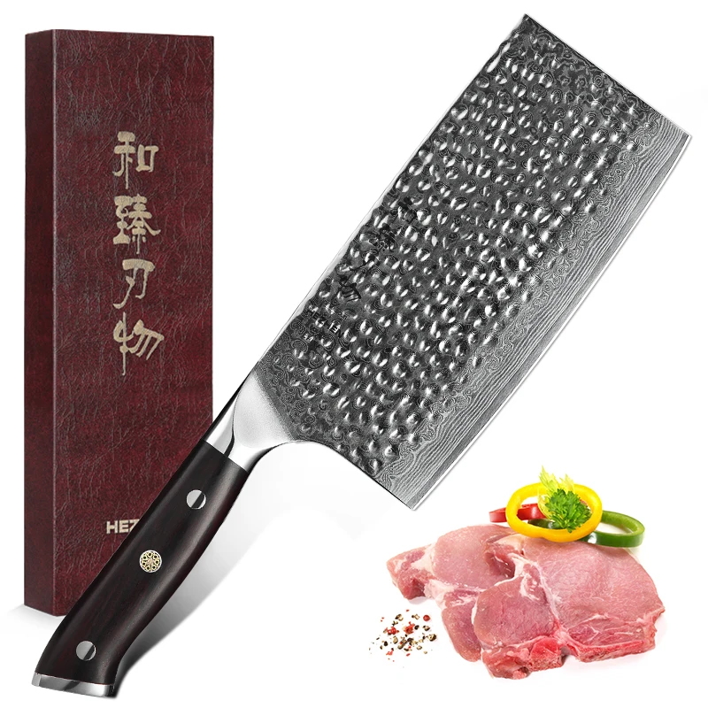 HEZHEN 7 дюймовый Мясницкий накири кухонные ножи из высокоуглеродистой дамасской