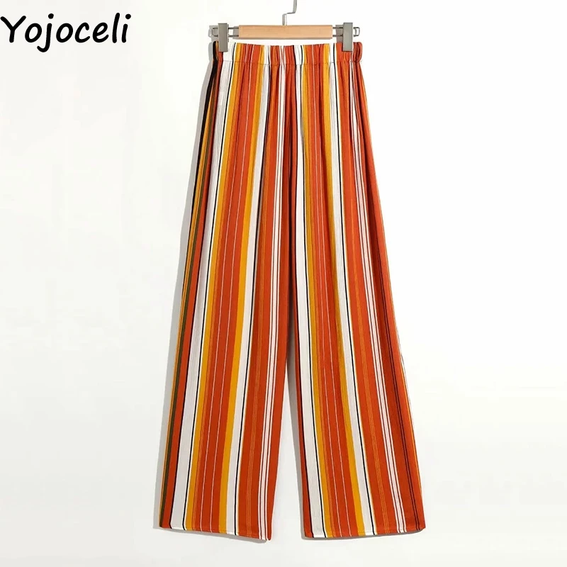 

Yojoceli Elegant striped wide leg pants women Summer sexy loose high waist pants Cool casual beach chic tassel pants bottom