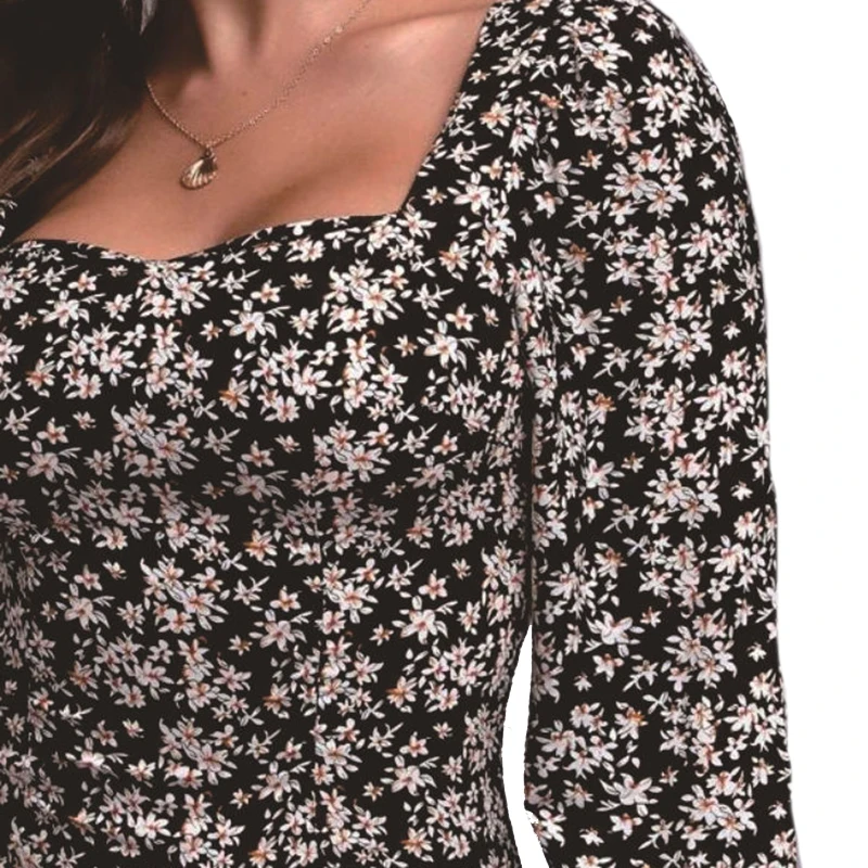 

YRRETY Autumn Women Party Dress Long Sleeve Square Collar Elegant Fashion Lady Chrysanthemum Mini Sexy Bodycon Black Clothes