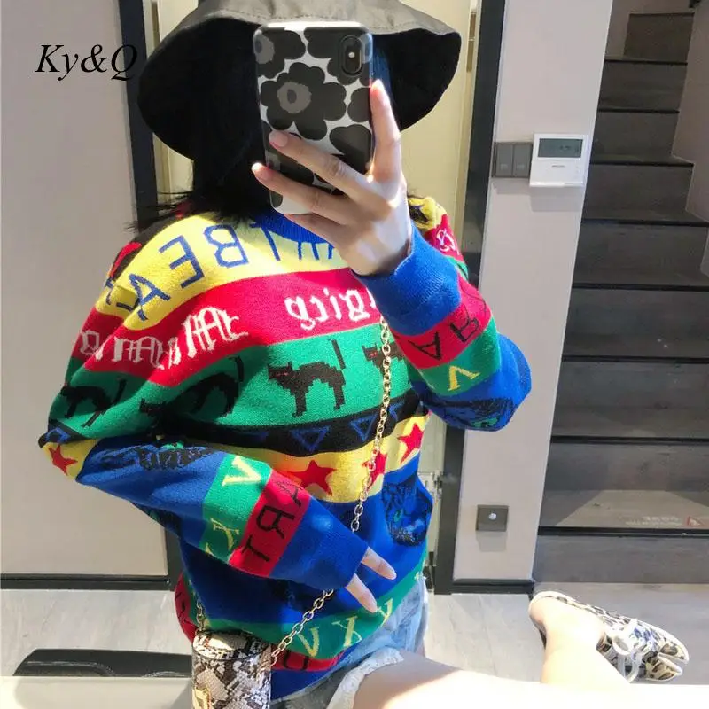 Женский пуловер в радужную полоску модный жаккардовый свитер с круглым вырезом и