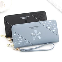 women long zipper pu leather wallets female flower embroidery letter printing coin purses ladies wristband large capacity cards