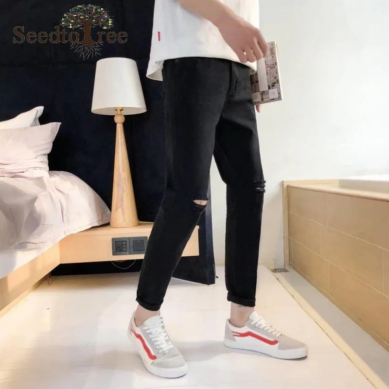 Solid Color Hole Casual Jeans Men's Slim Fit Ankle Length Denim Trousers