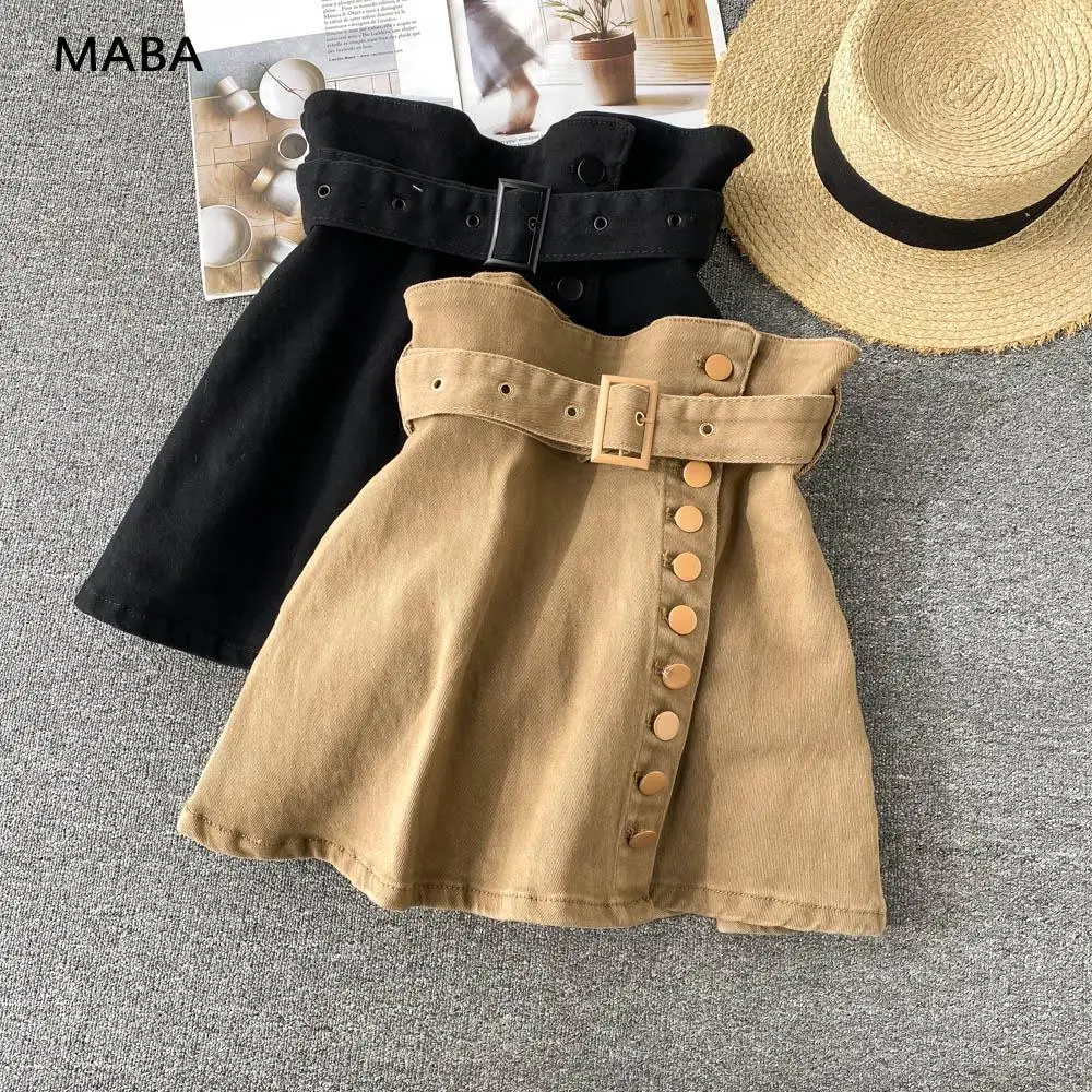 

Korean Button Denim Mini A-line Skirt 2021 Spring Autumn New Women Elegant Sashes Solid Color Trouser Skirt
