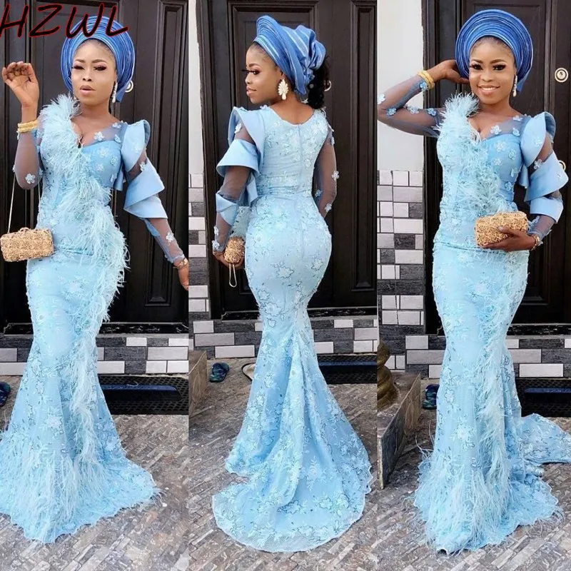 

Aso Ebi Mermaid Evening Dresses Illusion Long Sleeves Flower Appliques Feathers Prom Dress Ruffles African vestidos de fiesta