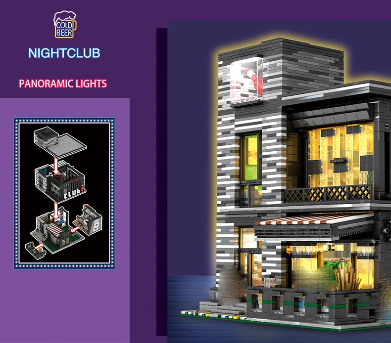 

86008 panoramic lighting version club bar street view building assembly building block model toys for children
